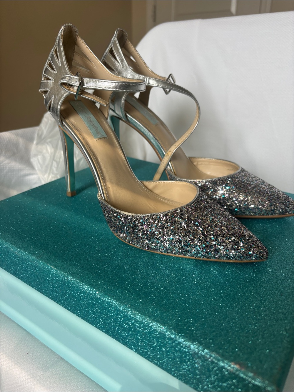 Betsey Johnson Silver Glitter Pointed Heels with Teal Accents